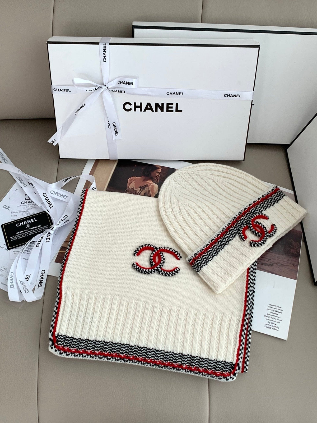 Chanel Style Contrast-Trim Scarf and Beanie Set