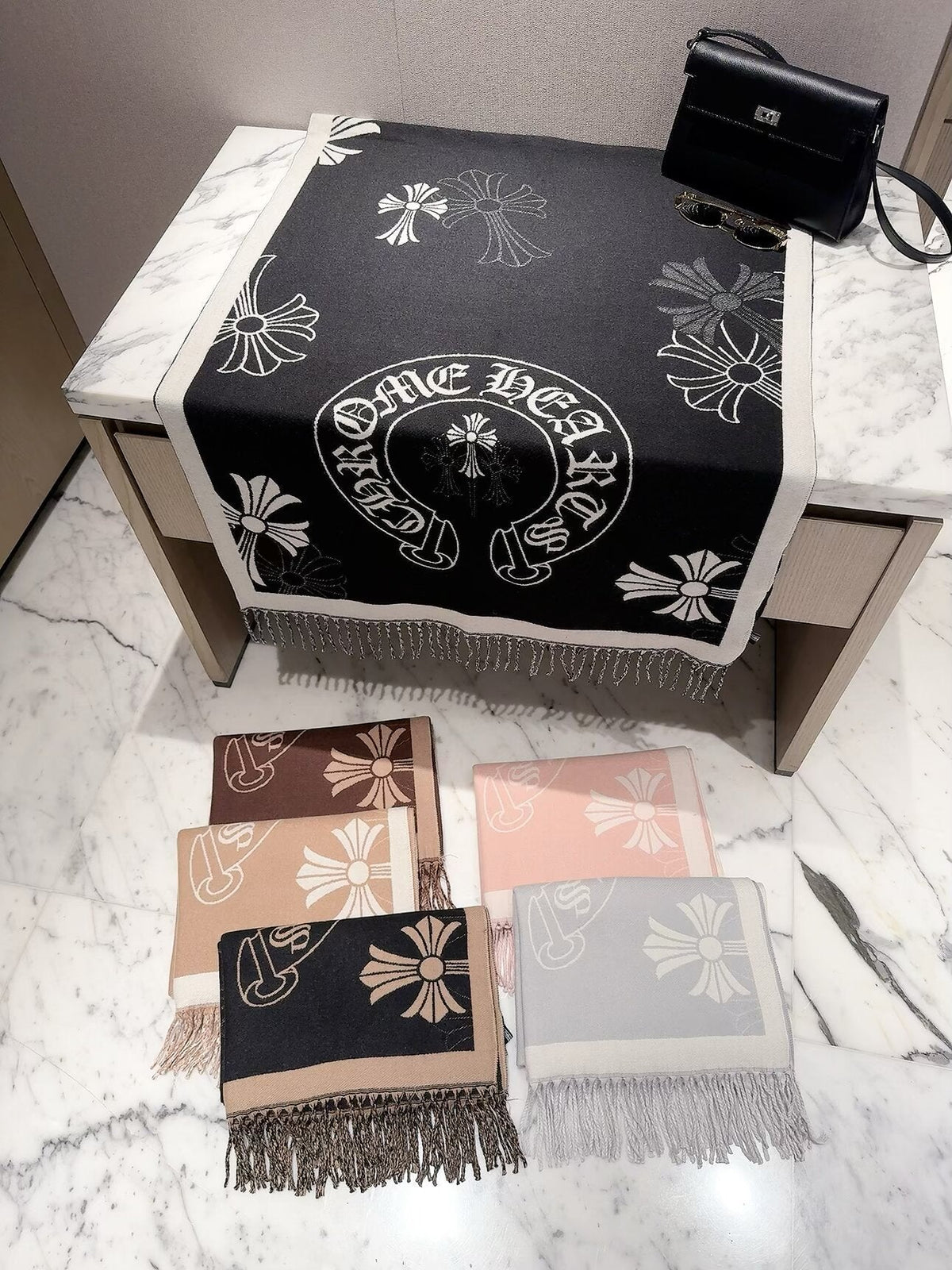 Chrome Hearts Style Cross Emblem Fringe Scarf