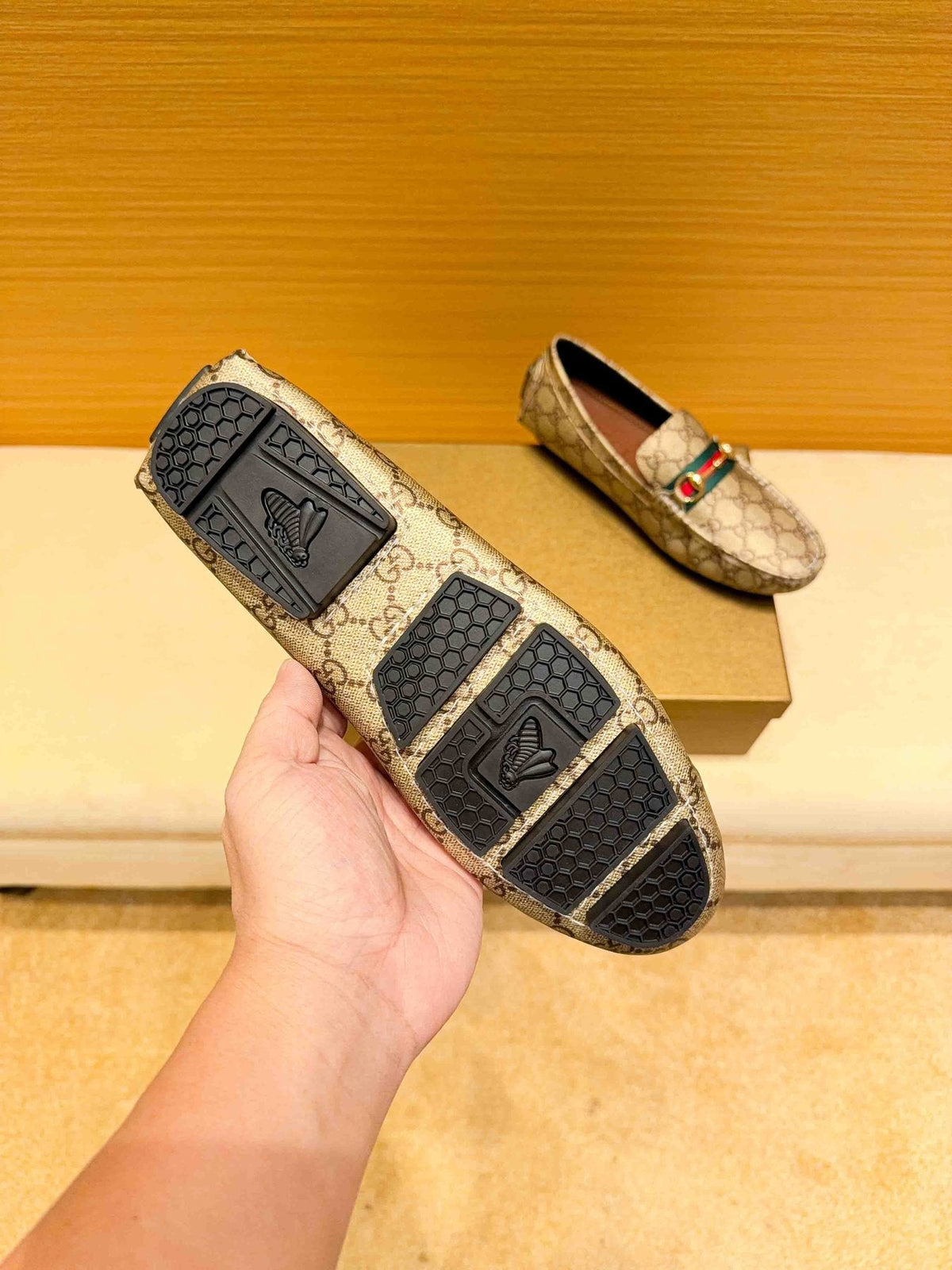 Gucci Beige Tan Monogram Horsebit Loafers